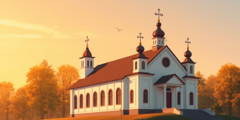 Create an illustration of a church with multiple towers and crosses, set against a warm, autumnal background with trees, using a DSLR camera with a 50mm lens, aperture f/4, ISO 100, and a shallow depth of field for a soft bokeh effect.