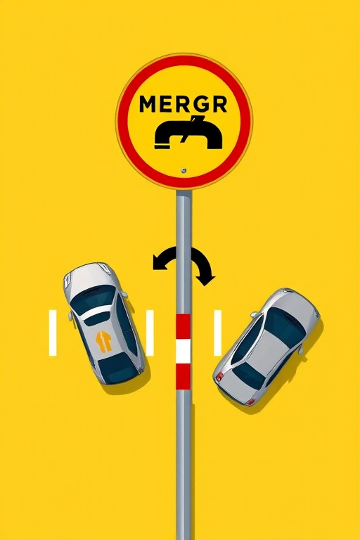 Create an illustration of a traffic sign indicating merging lanes with a yellow background, featuring two cars and an arrow, shot with a Canon EOS R5, 50mm lens, f/8 aperture, ISO 100, natural lighting, aerial perspective.