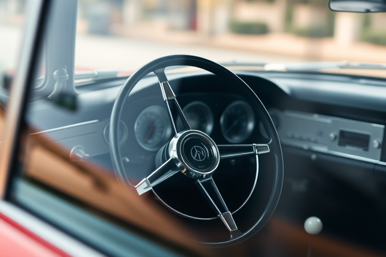Close-up of a vintage car interior focusing on the steering wheel and dashboard, natural light, aperture f/2.8, shutter speed 1/60s, ISO 100, shot with a DSLR camera in manual mode, shallow depth of field to blur background details for emphasis.