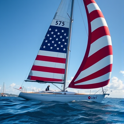 Create an image of a sailboat featuring the American flag design on the sails, captured from a low angle view with a 50mm lens at f/8, ISO 100, and a shutter speed of 1/200s, using a DSLR camera for enhanced detail and vibrant colors.