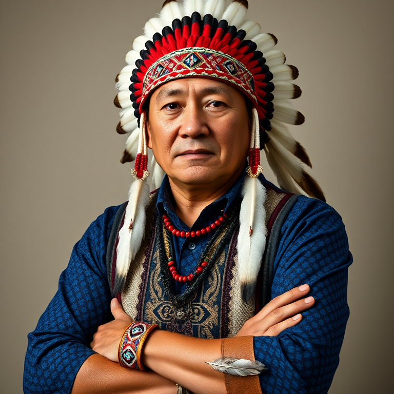 Create a dignified portrait of a Native American man dressed in traditional attire. He wears a beautifully crafted headdress adorned with white feathers and red beads, along with a beaded headband featuring intricate patterns. His clothing includes a deep blue, patterned shirt and a traditional chest piece with detailed beadwork. His arms are crossed, displaying leather armbands decorated with feathers. The background is simple and neutral, emphasizing his proud and stoic expression. The overall image captures the rich cultural heritage and strength of his persona.