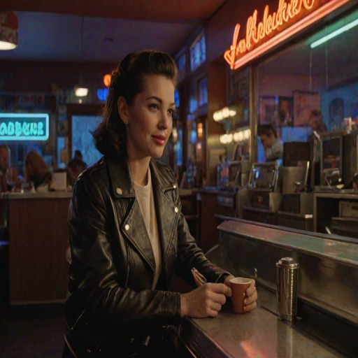 Old-fashioned diner at night, neon signs glowing in the windows, a woman in a leather jacket sits at the counter, sipping coffee as the jukebox plays softly in the background.