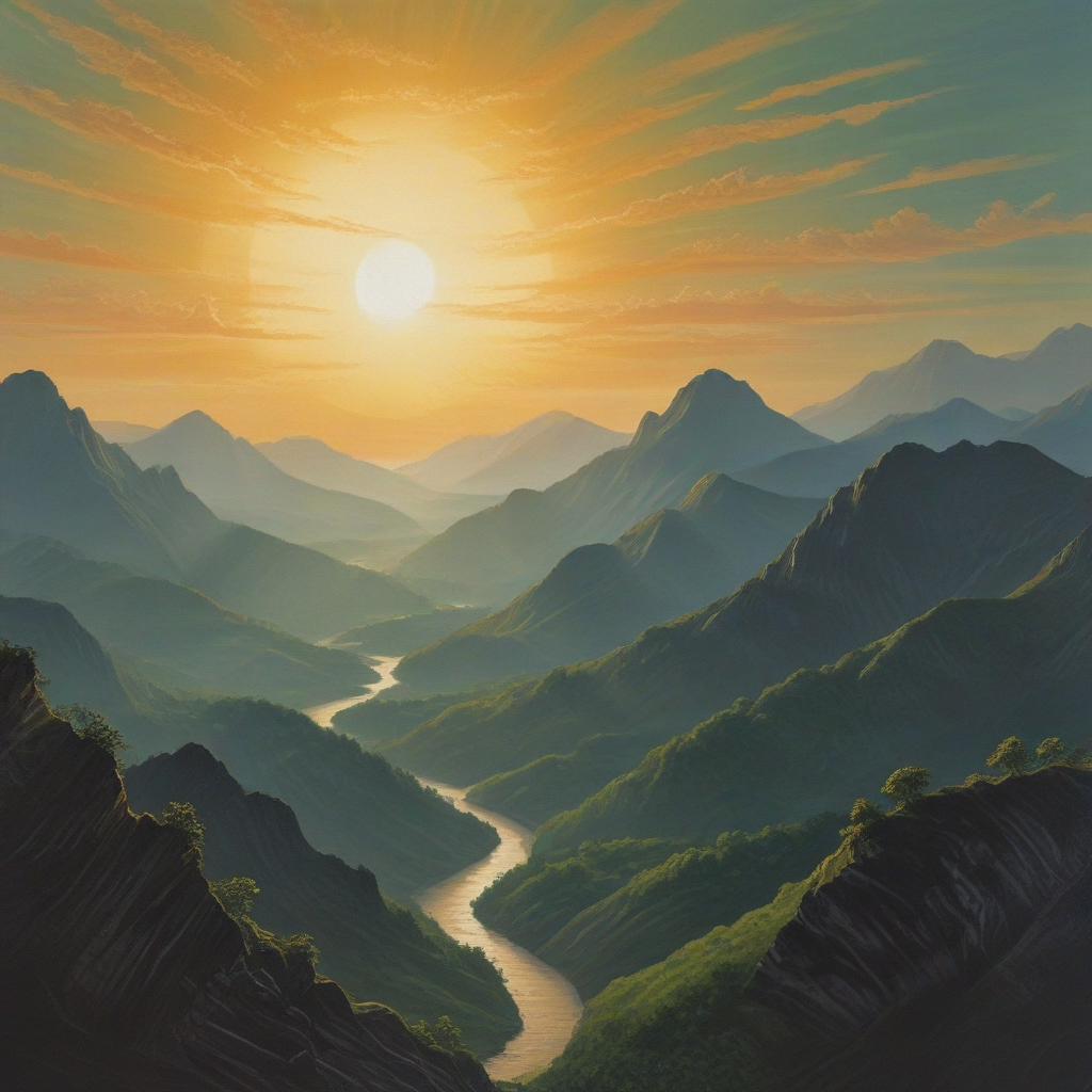 A painting of a big sun in the center, with green mountains bending ...