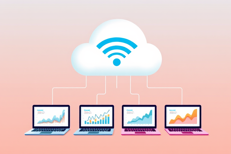 Create a digital illustration depicting a cloud with a Wi-Fi symbol connected to four different laptops displaying data charts, use vibrant colors, ensure a clean and modern style, camera settings: ISO 100, aperture f/8, shutter speed 1/200s, camera view: top-down angle, camera style: vector graphic, camera type: digital illustration.