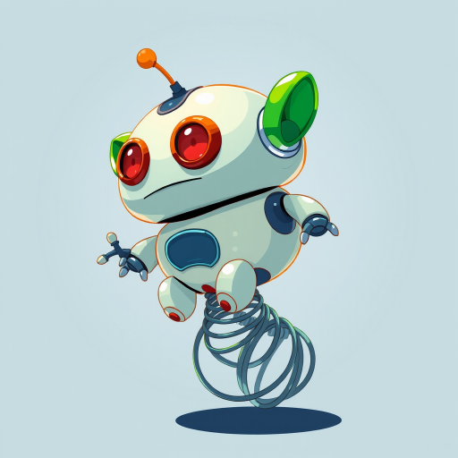 Create a vibrant illustration of a cartoonish robot with a round body, green ears, and a red eye on a spring, using a digital art style, high resolution, with a focus on bold colors and sharp outlines, shot at a 35mm lens with f/4 aperture for depth of field.