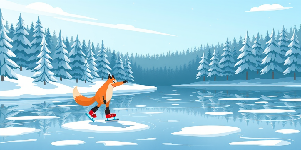 Create a playful illustration of a cartoon fox ice skating on a frozen lake, surrounded by snow-covered trees under a clear sky, shot with a DSLR camera at f/8.0, 1/250s, ISO 100, in a bright, colorful, vector style.