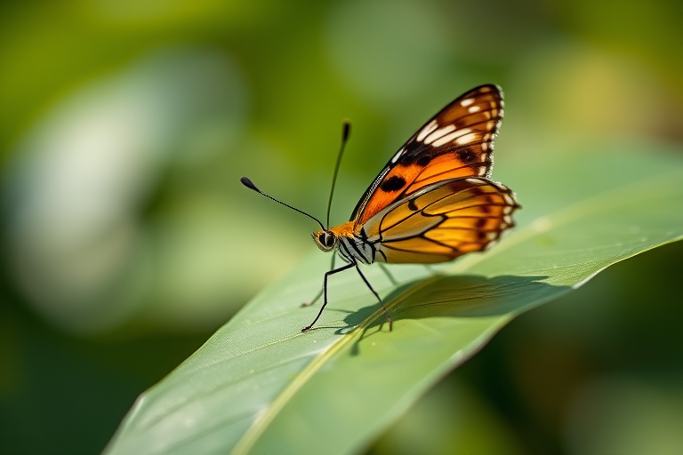 Capture a close-up of a butterfly resting on a green leaf with a shallow depth of field, using a DSLR camera with a 50mm lens, f/2.8 aperture, ISO 100, and a shutter speed of 1/200s, in natural light at an eye level perspective.