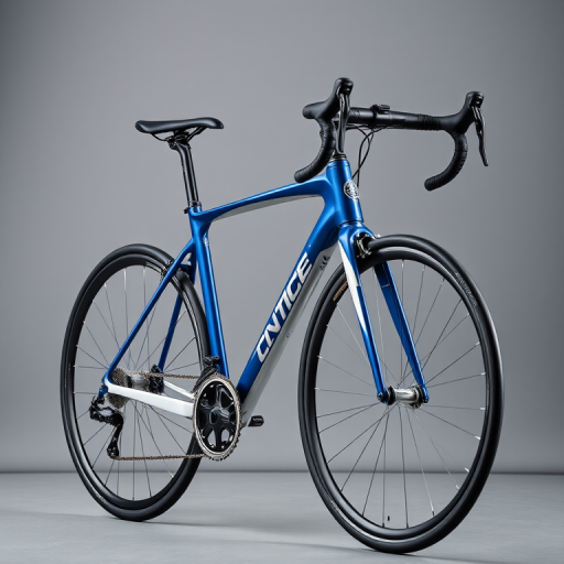 A high-resolution side view of a modern road bike featuring a sleek blue and white frame, captured with a DSLR camera, 50mm lens, f/2.8 aperture, ISO 200, soft lighting.