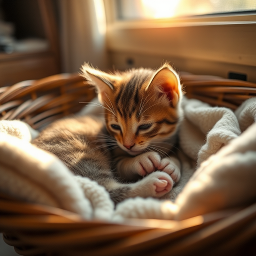 Softly focused photo of a kitten curled up in a basket of blankets, soft sunlight streaming through a nearby window, casting warm shadows on its tiny paws and whiskers.