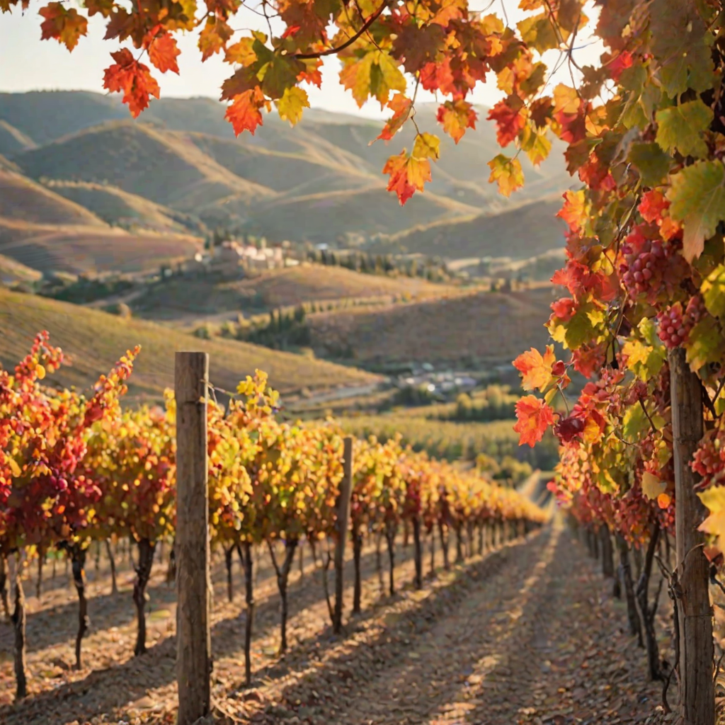 Soft-focus image of a picturesque vineyard in autumn, with grapevines adorned with colorful leaves, soft sunlight illuminating the hills in the background.