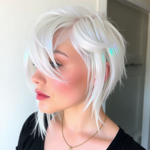 Pearlescent white pixie cut with holographic pastel highlights, the "Opal Dream" look radiates otherworldly beauty and ethereal charm
