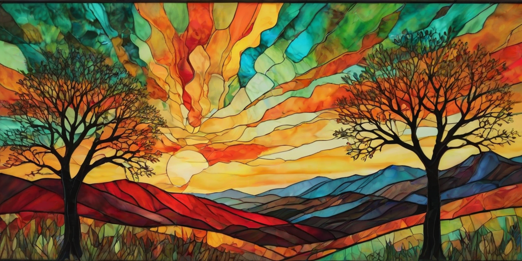 A vibrant abstract painting on Tiffany Glass, blending acrylic and alcohol ink techniques, captures a dramatic sunset over rolling hills. The artwork features a textured, rocky foreground in green and brown, layered abstract hills, and a striking sunset in rich oranges, yellows, and reds. A solitary black tree with intricate branches contrasts against the fiery sky, creating a dynamic and expressive portrayal of a breathtaking natural scene.
