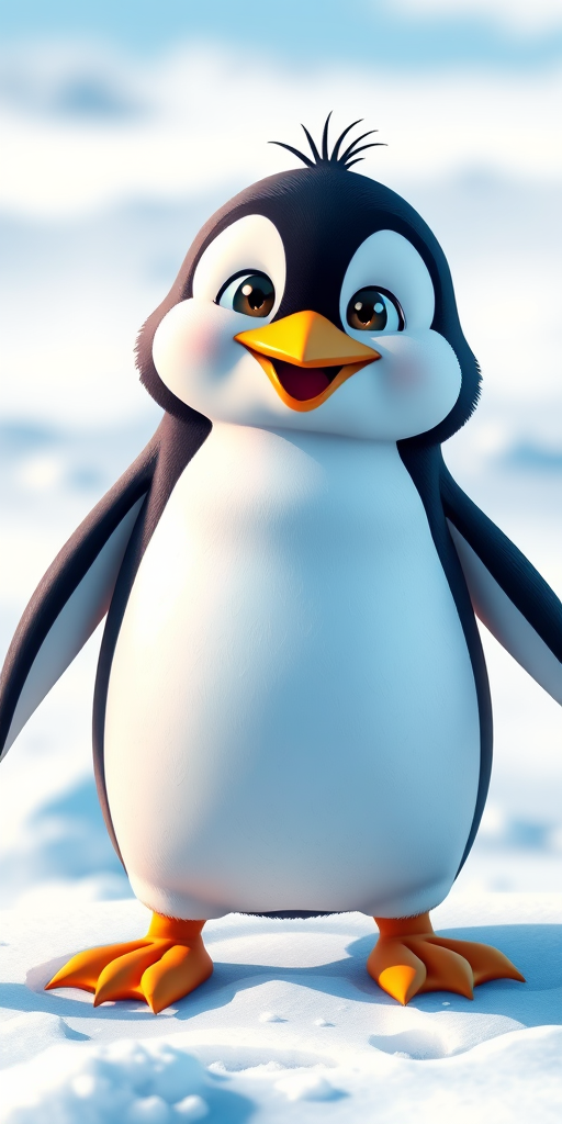 Create a vibrant, high-resolution digital illustration of a cartoon penguin with a playful expression, standing on a snowy surface, using a Canon EOS R5 camera with a 50mm f/1.2 lens, shot at f/1.8, ISO 100, at a 45-degree angle for depth, in bright daylight to enhance colors.