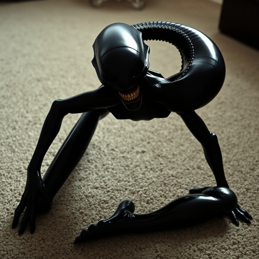 A funny Alien in a stretching position on a textured carpet, with its black, glossy body reflecting dim light. Legs spread wide, upper body bent forward, long segmented tail curving over its back, arching above its head. Face directed at the viewer, showing biomechanical features, sharp teeth, elongated skull. Muscles taut, emphasizing strength in the stretch. Minimalist environment, focusing on the creature's athletic pose. Photorealistic quality.