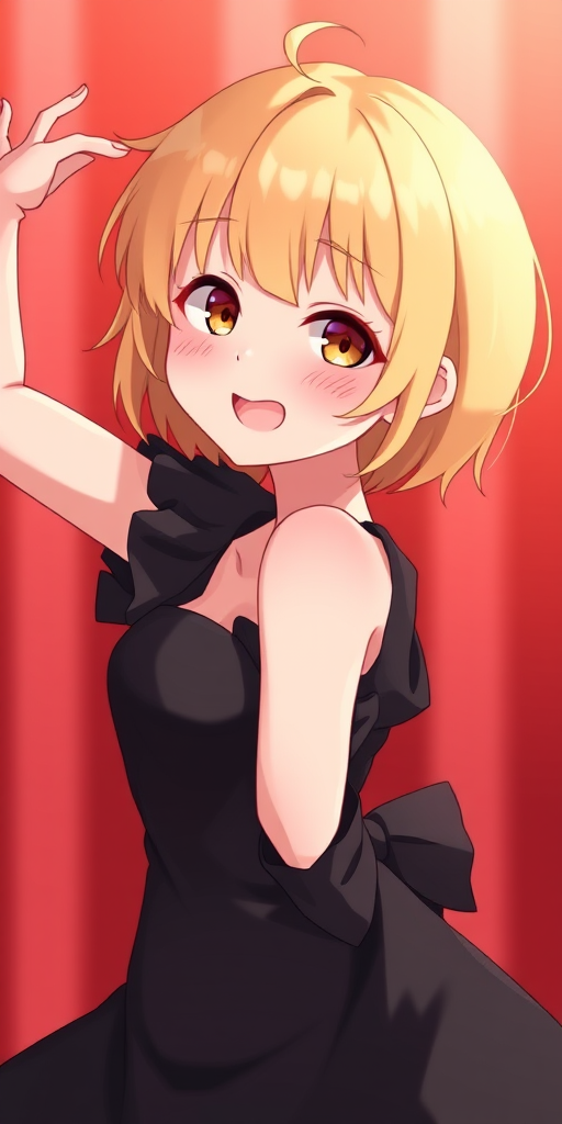 Create a high-resolution digital illustration of a cheerful character with short blonde hair wearing a black dress, in a playful pose with a soft blurred red background, captured with a 50mm lens, f/1.8 aperture, ISO 100, using a mirrorless camera for enhanced image quality.