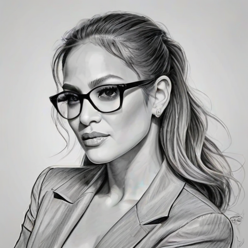 Graceful Jennifer Lopez, pencil sketch, portrait of Elegant woman 1948s in glasses, hair style beatnik, outline, clear lines, fine lines, 8k