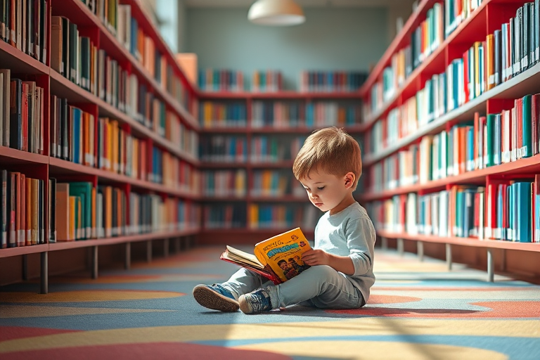 A child reading a book while sitting on the floor of a colorful library, surrounded by shelves filled with books, bright natural light illuminating the scene, Canon EOS 5D Mark IV, 50mm lens, f/1.8, ISO 100, 1/200 sec, soft focus on background for depth.