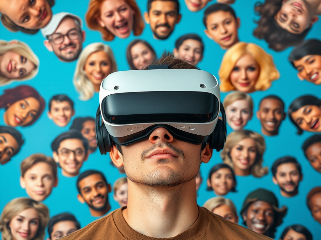 Generate an image of a person wearing a VR headset surrounded by a collage of diverse faces in a visually striking blue background, camera settings: f/2.8, ISO 100, shutter speed 1/100s, camera view: close-up portrait, camera style: vibrant colors with high contrast, camera type: DSLR.