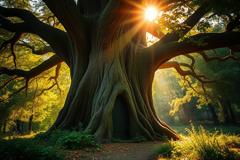 capture a fantasy forest scene with a large ancient tree and a small door at its base, soft sunlight filtering through the leaves, shallow depth of field, ISO 200, f/2.8, 50mm lens, DSLR camera, golden hour lighting, high dynamic range