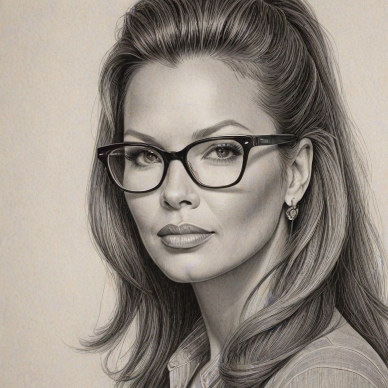 Charming Vanessa Williams, pencil sketch, portrait of Pleasing woman 1969s in glasses, hair style beatnik, outline, clear lines, fine lines, 8k