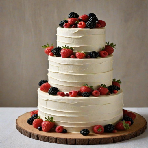 Generate an image of a three-tiered wedding cake. The bottom layer should be larger and decorated with smooth white frosting, the middle layer should be slightly smaller and also covered in white frosting, while the top layer should be the smallest. All layers should have chocolate ganache dripping down the sides. Decorate the cake with an assortment of fresh berries, including strawberries, blackberries, and red currants, placed artistically around each tier. The cake should be presented on a rustic wooden cake stand.