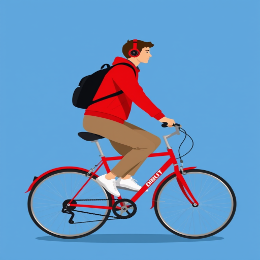 a person riding a red bicycle against a solid blue background, wearing a red jacket and headphones, with a black backpack and white shoes, in a minimalistic and flat design style