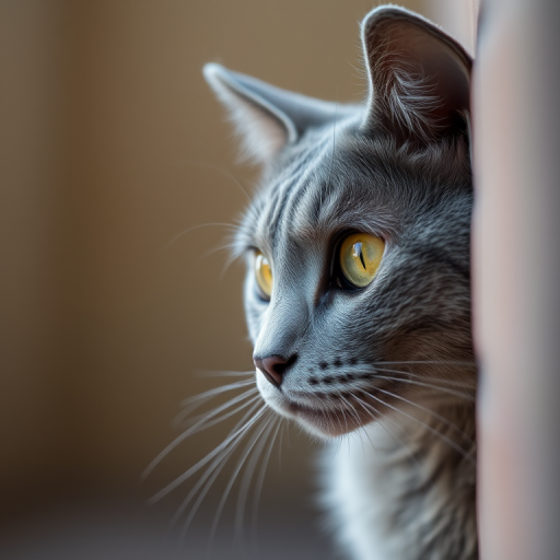 a close-up profile of a gray cat with vivid yellow eyes peeking from behind a wall, soft focus background
