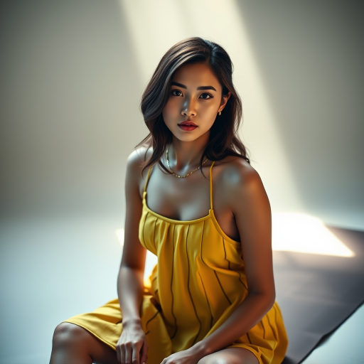 Resplendent photo of woman:Chinese:0.4, highlight hair, wearing Banana dress, sitting on Yoga mat, rim lighting, studio lighting, looking at the camera, dslr, ultra quality, sharp focus, tack sharp, dof, film grain, Fujifilm XT3, crystal clear, 8K UHD, highly detailed glossy eyes, high detailed skin, skin pores