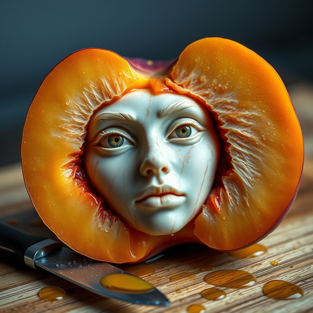 A hyperdetailed photorealistic macro color saturated high resolution image of a peach cut in half, with the peach pit being a highly detailed sculpted woman's face with her eyes open and peach-colored irises. The face has a marble texture. The image includes condensation, moisture, and peach juice. The peach is on a wooden cutting board with a small fruit knife nearby, also covered with juice.