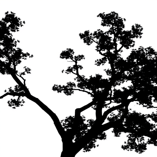 Generate a high-resolution image of a minimalist black silhouette of a tree on a white background, captured with a DSLR camera at f/8 aperture, ISO 100, 50mm lens, in natural lighting from a low angle to enhance the contrast and detail.