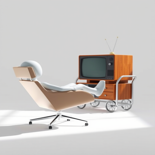 A minimalist 3D rendering of a stylized humanoid figure relaxing in a modern chair facing an old-fashioned wooden television on a wheeled cart, shot with a Canon EOS R5, 35mm lens, f/2.8 aperture, ISO 100, in a bright, well-lit studio setting with soft shadows for depth.