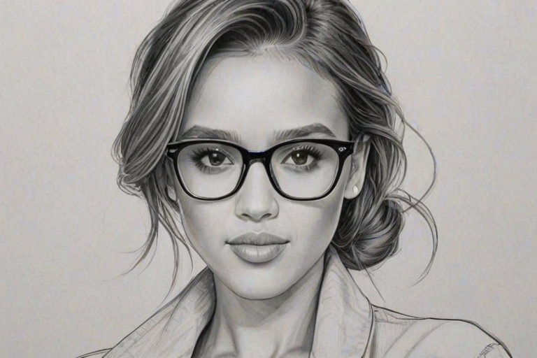 Gorgeous Jessica Alba, pencil sketch, portrait of Attractive woman 1955s in glasses, hair style beatnik, outline, clear lines, fine lines, 8k