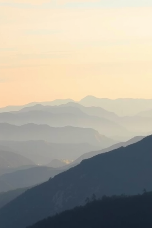 generate a digital painting of a mountain landscape with layered peaks, soft pastel sky, and misty valleys, using a Canon EOS R5 camera, 50mm lens, f/8 aperture, ISO 100, and a wide angle view to enhance depth and clarity.
