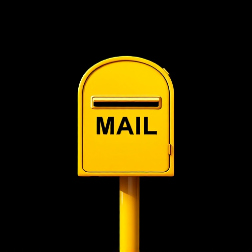 Create a detailed illustration of a bright yellow mailbox with the word "MAIL" prominently displayed, featuring a slot for letters, set against a solid black background, captured with a Canon EOS R5, 50mm lens, f/2.8 aperture, ISO 100, using a softbox for even lighting and a slight overhead angle for depth.