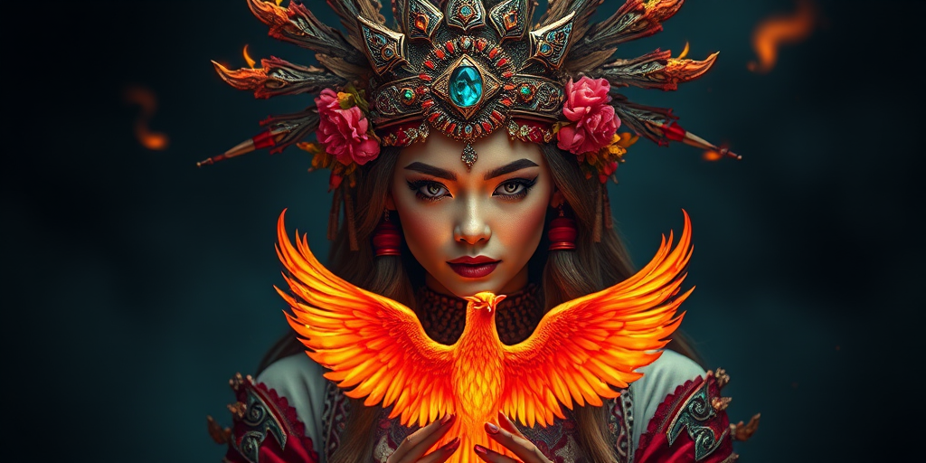 Regenerate an image of a mystical woman with fiery elements, intricate ornate headdress adorned with jewels and flowers, holding a glowing phoenix in her hands, captured with a 50mm lens, f/1.8 aperture, ISO 100, soft-focus background, cinematic lighting, shot in RAW format.