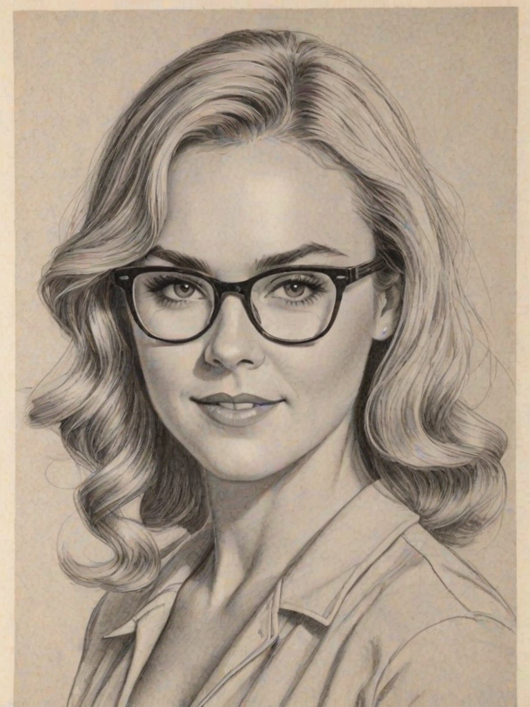 Delightful Laura Bell Bundy, pencil sketch, portrait of Sublime woman 1944s in glasses, hair style beatnik, outline, clear lines, fine lines, 8k