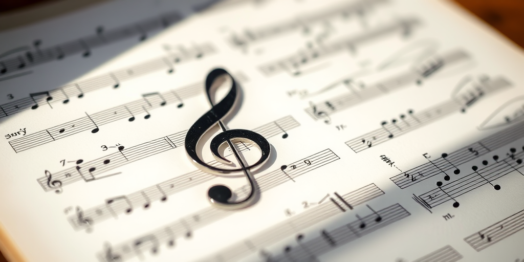 create an abstract image of musical sheet music with a prominent treble clef in the foreground, using a shallow depth of field, aperture set to f/2.8, ISO 100, shot with a 50mm lens in natural light to enhance clarity and contrast.