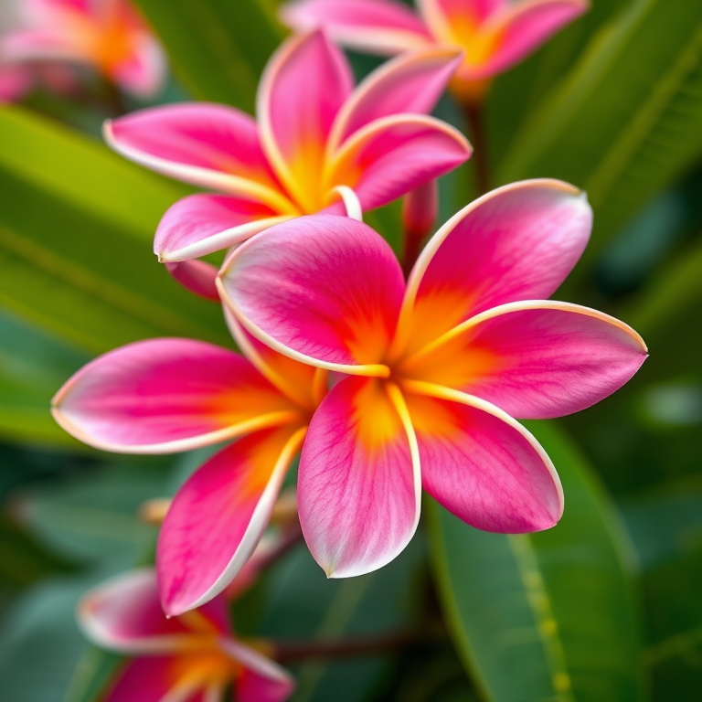 close-up of vibrant pink and yellow plumeria flowers with green leaves in the background, macro lens, f/2.8 aperture, 100mm focal length, natural lighting, DSLR camera