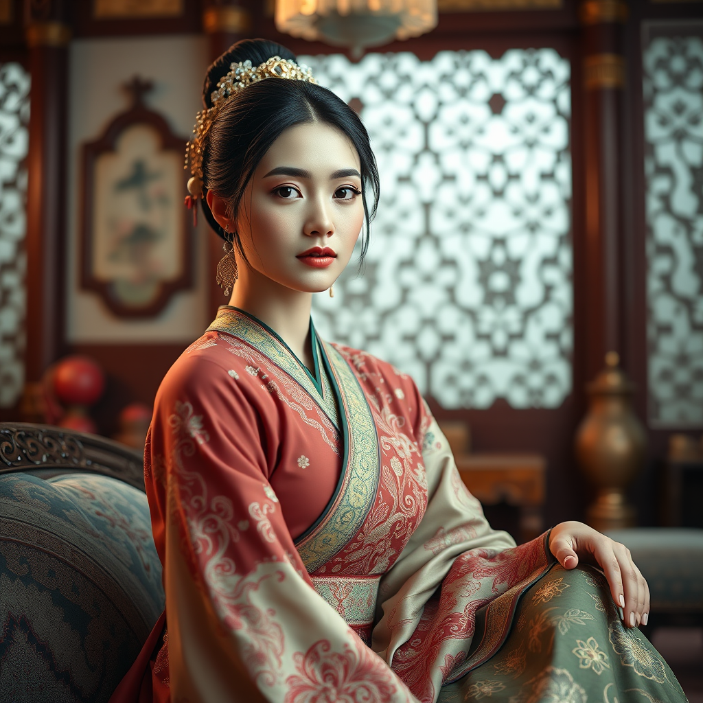 A beautiful Turkish woman in traditional East Asian attire, intricately detailed with embroidered patterns, sitting gracefully in a richly decorated room, soft ambient lighting, serene and elegant, ultra-realistic, 8K resolution