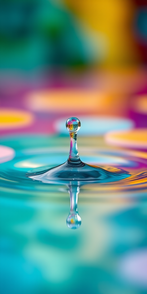 water droplet splashing in a colorful pool with reflections, captured with a Canon EOS R5 at f/2.8, ISO 100, shutter speed 1/2000s, 85mm lens, shallow depth of field, macro style, vibrant bokeh background