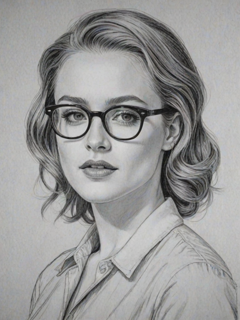 Enticing Evan Rachel Wood, pencil sketch, portrait of Attractive woman 1948s in glasses, hair style beatnik, outline, clear lines, fine lines, 8k