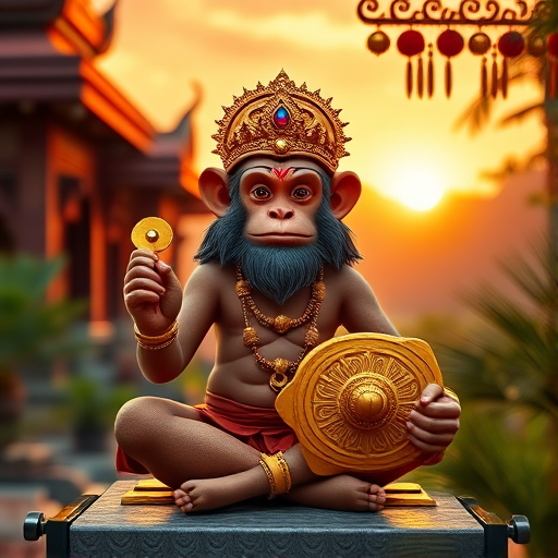 Create a vibrant, high-resolution image of a playful monkey god sitting with a golden mace in a lush temple setting, backlit by a warm sunset, using a Nikon D850 camera with a 50mm lens, aperture set to f/1.8, ISO 200, and a soft focus to enhance the magical atmosphere.