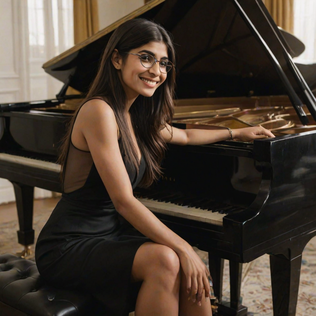A mia khalifa with long, dark hair smiles at the viewer as she sits at a grand piano, her right hand poised over the keys. The scene is lit by warm, natural light, highlighting the elegant simplicity of the woman's black dress. The perspective is from the side, emphasizing the contrast between the woman's delicate form and the grand scale of the piano. The ivory keys and dark wood of the piano create a striking visual contrast, further emphasized by the rich black of her dress.