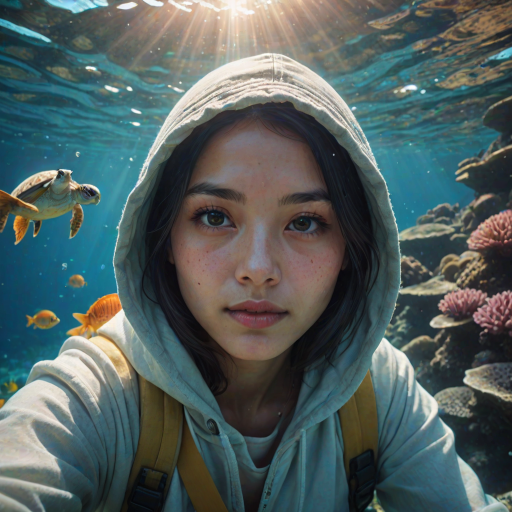 Realistic selfie image of a Asian, wearing a vintage outfit, detailed dreamy eyes, droopy hooded eyes, staring at the camera, taken underwater at coral reef with a sunbeam filtering through the water, vibrant, summer vacation, natural lighting, turtle and school of tropical fish with vibrant colors, rendered in the style of CryEngine, Pegi Nicol MacLeod, with realistic genre scenes, hauntingly beautiful narratives, ultra-realism, and Thomas Saliot's close-up technique, 8K resolution, crystal clear and sparkling water.