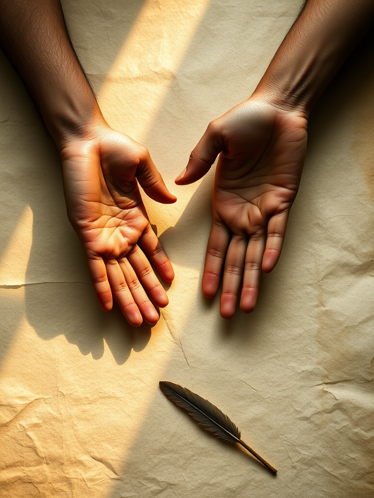 Create an artistic image of two hands reaching out to each other over a textured parchment background with a quill in the corner, shot with a DSLR camera, f-stop 8, ISO 100, 50mm lens, soft focus, natural lighting.