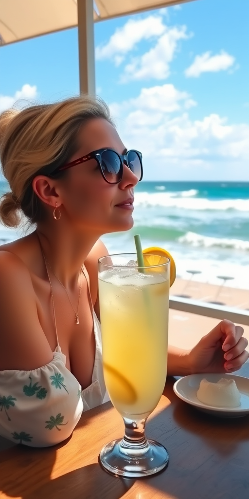 Seaside cafe on a sunny day, waves crashing against the shore, a woman sits at an outdoor table, her sunglasses reflecting the bright blue sky as she sips from a tall glass of lemonade.