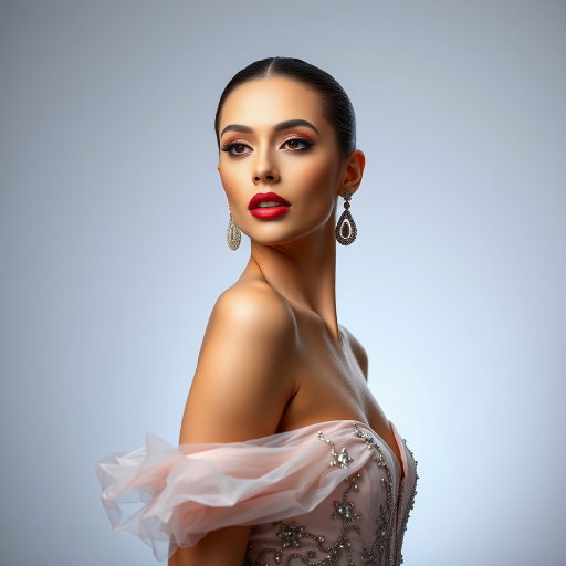 Studio portrait, female model, elegant couture dress, bold makeup, dramatic lighting, Utilize a 50mm portrait lens for crisp details and a soft background blur, 8k