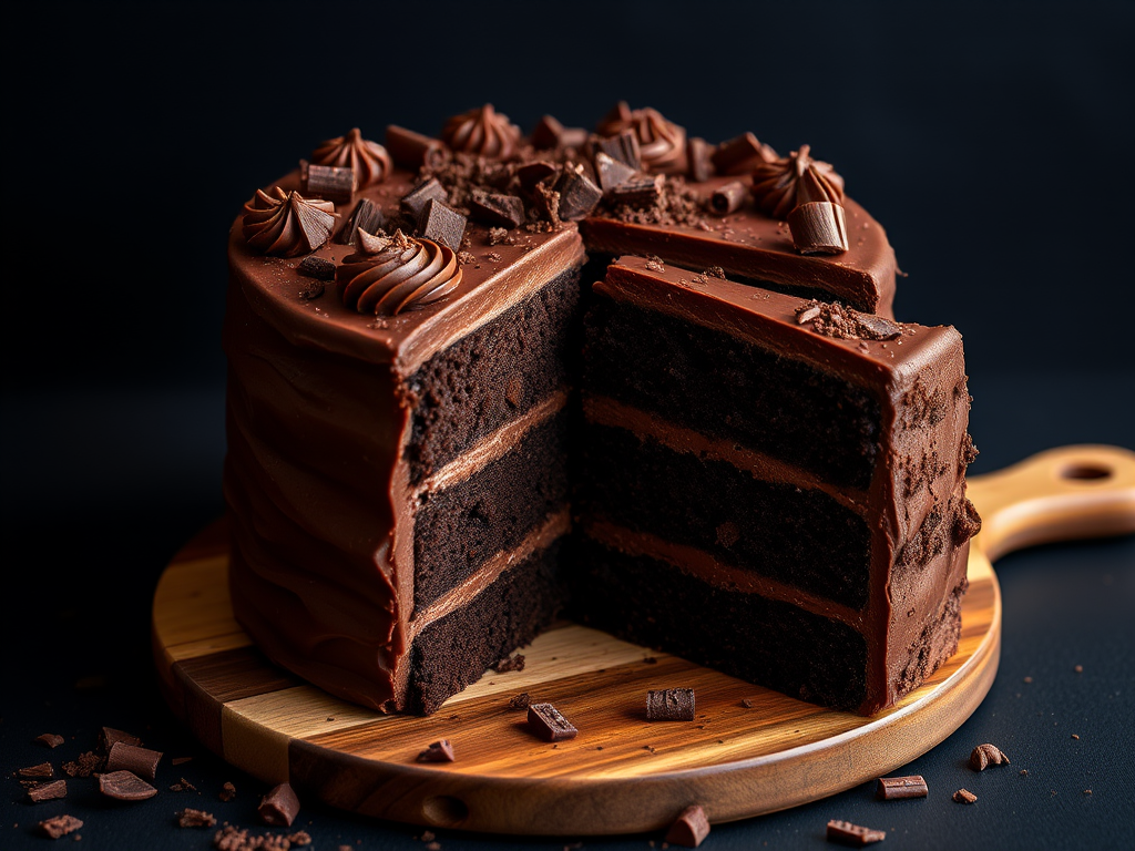 A three-layer chocolate cake with rich chocolate frosting and chocolate shavings on top, sliced to reveal its moist interior, placed on a wooden board with some chocolate shavings scattered around, against a dark background.
