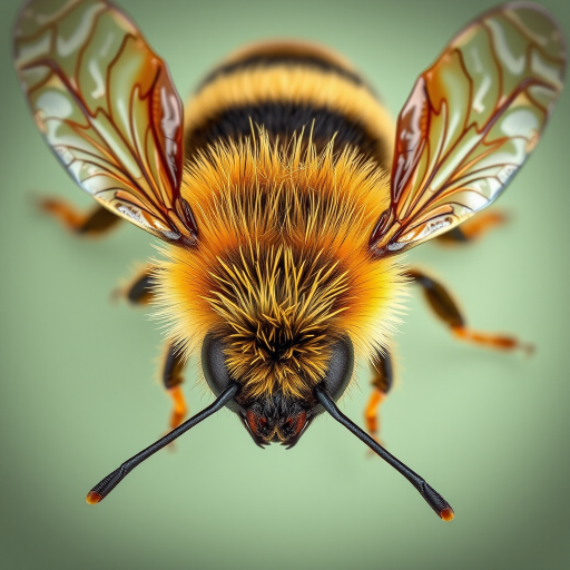 Create a high-resolution image of a bee from an overhead view with realistic textures and details, aperture f/8, ISO 100, 50mm lens, using a macro photography style on a digital camera.