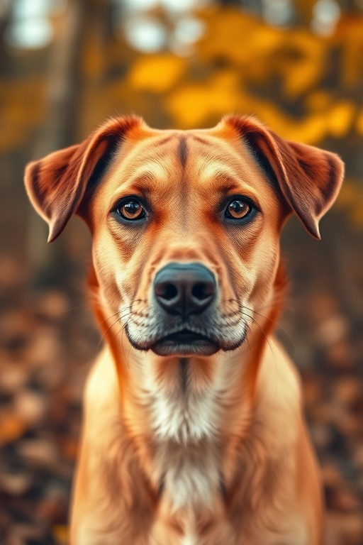 photograph a brown dog with soft fur and expressive eyes in a warm autumn background, use a DSLR camera with a 50mm lens, aperture f/1.8, ISO 200, shutter speed 1/200s, focus on the dog's face with a blurred background for depth, natural light conditions